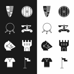 Set Catapult shooting stones, Old keys, Shield, Round wooden shield, Medieval iron helmet, Castle tower, flag and Body armor icon. Vector