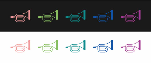 Set Musical instrument trumpet icon isolated on black and white background. Vector