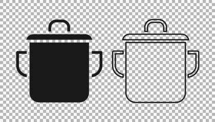 Black Cooking pot icon isolated on transparent background. Boil or stew food symbol. Vector