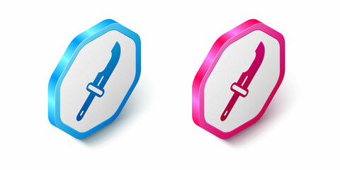 Isometric Hunter knife icon isolated on white background. Army knife. Hexagon button. Vector
