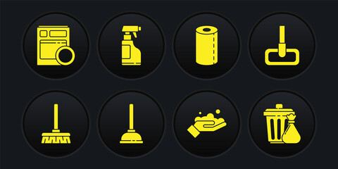 Set Handle broom, Mop, Rubber plunger, Washing hands with soap, Paper towel roll, Spray bottle detergent liquid, Trash can garbage bag and Kitchen dishwasher machine icon. Vector