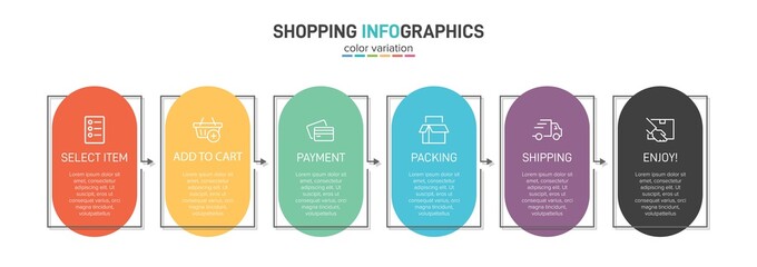 Concept of shopping process with 6 successive steps. Six colorful graphic elements. Timeline design for brochure, presentation, web site. Infographic design layout.