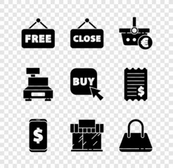 Set Price tag with text Free, Hanging sign Closed, Shopping basket and euro, Smartphone dollar, building or market store, Handbag, Cash register machine and Buy button icon. Vector