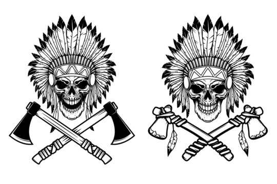 Native american skull in traditional headdress and crossed tomahawks. Design element for logo, emblem, sign, poster, t shirt. Vector illustration