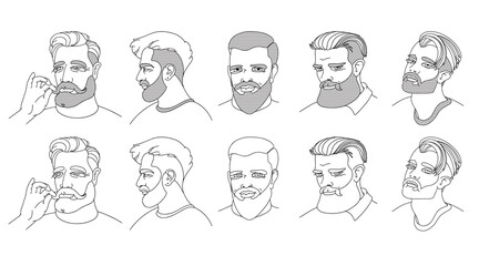Portraits of men with a beard. Set of linear people.