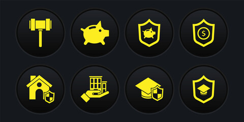 Set House with shield, Shield dollar, insurance, Graduation cap, Piggy bank, and Judge gavel icon. Vector