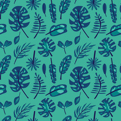 Leaves tropical seamless pattern. Blue jungle exotic leaf palm, monstera and banana. Botanical decor, summer nature design object, rainforest subtropical trees. Vector isolated on white background set