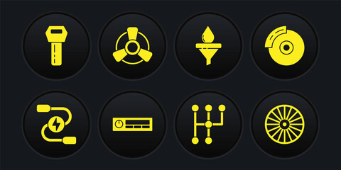 Set Car battery jumper power cable, brake disk with caliper, Audio, Gear shifter, Funnel and oil drop, motor ventilator, Alloy wheel and key remote icon. Vector