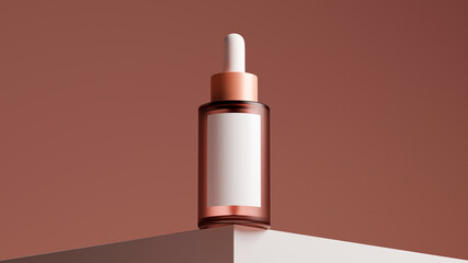 Serum droplet glass bottle mockup with white label over red background.