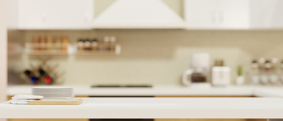 Copy space on kitchen table over blurred modern kitchen room