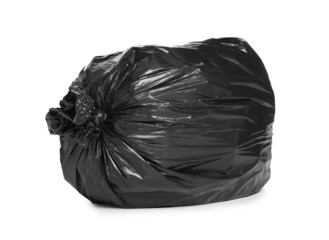 Black trash bag filled with garbage isolated on white