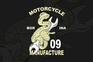 Fototapeta premium Motorcycle themed t-shirt design template with snake holding a wrench