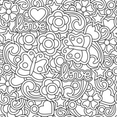 Seamless pattern for Valentine's Day. Hand drawn Hearts butterfly flowers and abstract elements. Vector background.