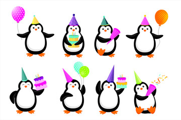 Happy Birthday. Set of penguins. Collection of different polar penguins. 