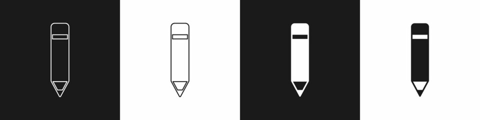 Set Pencil with eraser icon isolated on black and white background. Drawing and educational tools. School office symbol. Vector