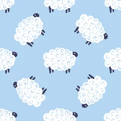 Dekokissen Cute sheep vector seamless pattern kids sweet dreams illustration on blue background. Baby shower background. Child drawing flat style white sheep. Kids design for fabric and decor. © Ann Wentworth