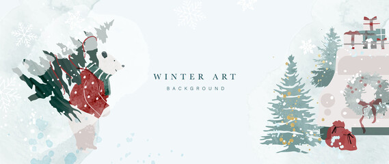 Winter background vector. Hand painted watercolor drawing for Christmas  and Happy New Year season. Background design for invitation, cards, social post, ad, cover, sale banner and invitation.