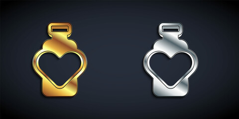 Gold and silver Bottle with love potion icon isolated on black background. Valentines day symbol. Long shadow style. Vector