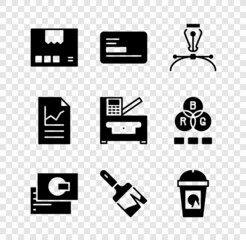 Set Carton cardboard box, Business, Fountain pen nib, Paint brush, Coffee cup go, Document with graph chart and Copy machine icon. Vector