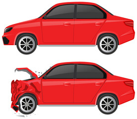 Red sedan car and wrecked car on white background