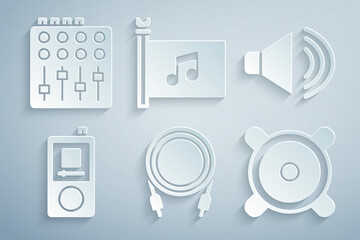 Set Audio jack, Speaker volume, Music player, Stereo speaker, festival flag and Sound mixer controller icon. Vector