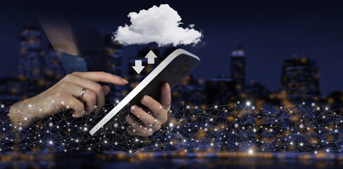 Download Data Storage Business Technology Network Concept. Hand touch white tablet with digital...