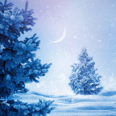 Winter Christmas background. Snowy trees in the city park. Magic fairytale winter. Square format.
