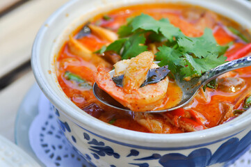 spicy soup or tom yum kung, spicy shrimp soup or seafood soup