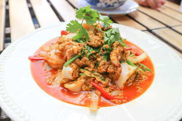stir-fried seafood in curry powder, stir fried squid in yellow curry or Stir-fried squid and Stir-fried shrimp