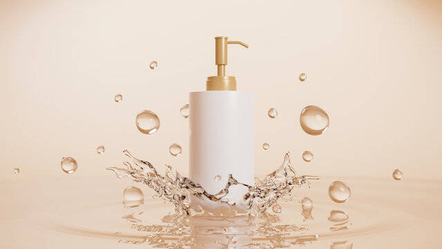 White Shower Gel Bottle Mockup On Natural Luxury Beige Background.