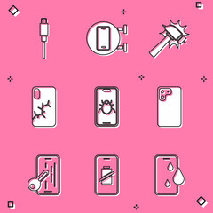 Set USB cable cord, Phone repair service, Hammer, Mobile with broken screen, System bug mobile, Smartphone, Glass protector and battery charge icon. Vector