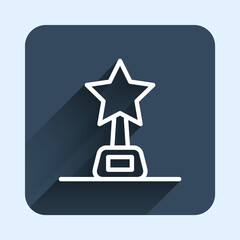 White line Movie trophy icon isolated with long shadow background. Academy award icon. Films and cinema symbol. Blue square button. Vector