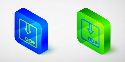 Isometric line Carton cardboard box icon isolated grey background. Box, package, parcel sign. Delivery and packaging. Blue and green square button. Vector