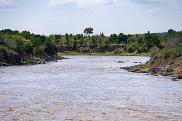 The Mara river flowing in the Maasai Mara National Reserve, rocks and vegetation line the shores on a sunny day, Kenya