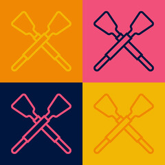 Pop art line Crossed oars or paddles boat icon isolated on color background. Vector