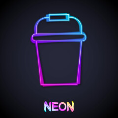 Glowing neon line Fishing bucket icon isolated on black background. Fish in a bucket. Vector