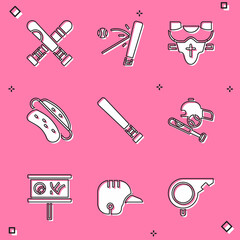 Set Crossed baseball bat, Baseball with, Player chest protector, Hotdog sandwich, ball, hat, Planning strategy and helmet icon. Vector