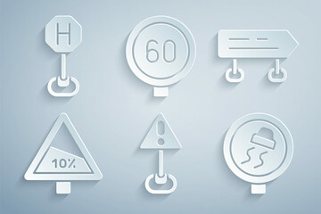 Set Exclamation mark in triangle, Road traffic sign, Steep ascent and descent road, Slippery, Speed limit and Hospital icon. Vector