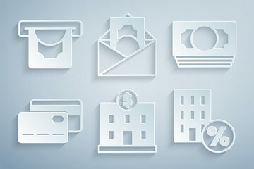 Set Bank building, Stacks paper money cash, Credit card, House with percant discount, Envelope dollar symbol and ATM and icon. Vector