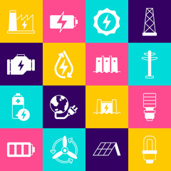 Set LED light bulb, Electric tower, Lightning bolt, Water energy, Check engine, Nuclear power plant and Hydroelectric dam icon. Vector