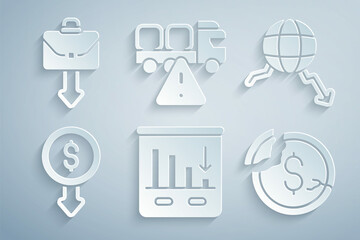 Set Pie chart infographic, Global economic crisis, Dollar rate decrease, Stop delivery cargo truck and Briefcase icon. Vector