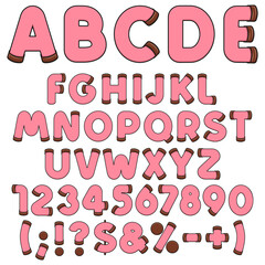 Alphabet, letters, numbers and signs of pink punschrulle, dammsugare. Isolated vector objects on a white background.