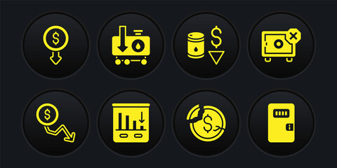 Set Dollar rate decrease, Safe, Pie chart infographic, Drop crude oil price, Prison cell door and icon. Vector