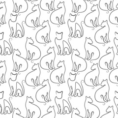Continuous one single line of abstract cute cat seamless pattern isolated on white background minimalism design.