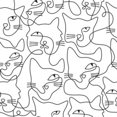 Continuous one single line of cute cat faces seamless pattern isolated on white background minimalism design.