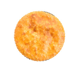 Delicious pie with meat isolated on white, top view