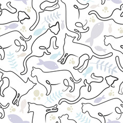 Continuous one single line of abstract cute cat with floral seamless pattern isolated on white background minimalism design.