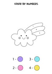 Color cute rainbow cloud by numbers. Worksheet for kids.