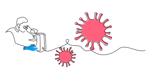 Continuous one single line of scientist doing experiment on corona virus isolated on white background.