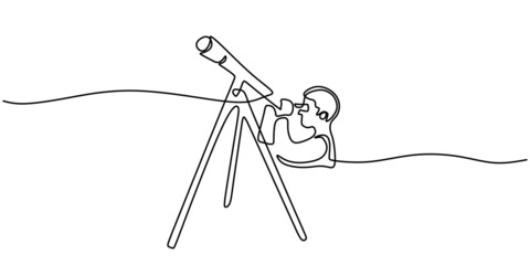 Continuous one single line of man scientist using telescope isolated on white background.